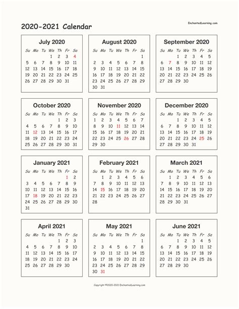 2021 2021 School Year Calendar On One Page Calendar Printables Free Blank