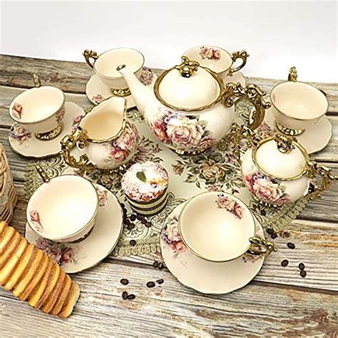 Fanquare 15 Pieces British Porcelain Tea Sets Flower Vintage China Coffee Set Wedding Tea