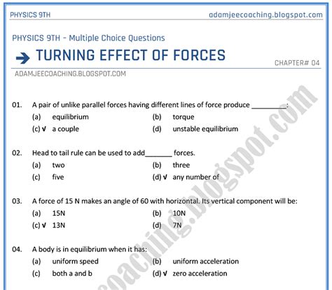 Adamjee Coaching Turning Effect Of Forces Mcqs Physics Th