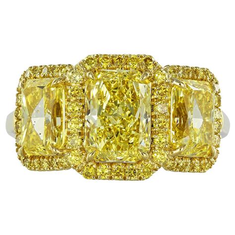 Fancy Intense Gia Cert Yellow Diamond Gold Three Stone Engagement Ring