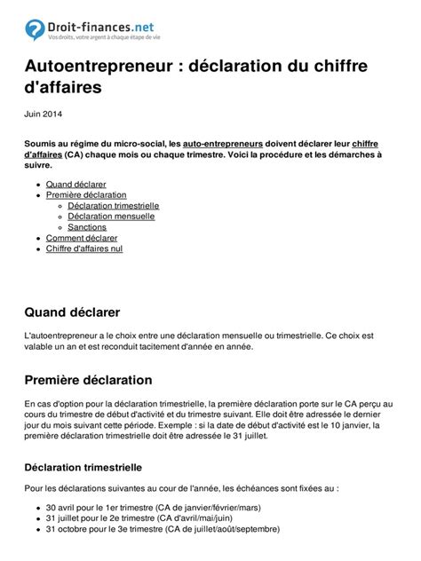 Comment calculer le chiffre d'affaires. Autoentrepreneur Declaration Du Chiffre d Affaires 6227 ...
