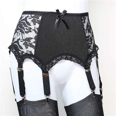 6 strap wide vintage suspender belt for woman plus size black lace panel garter belt stockings