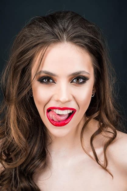 Premium Photo Sensual Woman Open Mouth Tongue Touches The Teeth