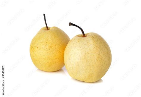 Chinese Pear Or Nashi Pear With Stem On White Background Stock Photo