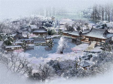 Download Wallpaper 1024x768 Winter Lodges China Snow Garden Pond