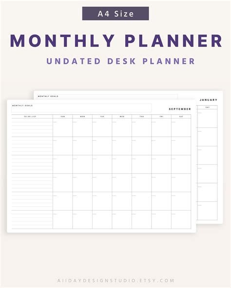 A4 Monthly Desk Planner Template Undated Monthly Calendar Planner