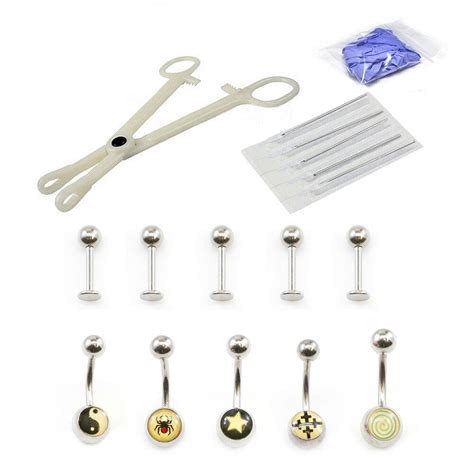 Piercing Kit 17pcs Belly Ring Labret Disposable Forceps Needles And Gloves 14g