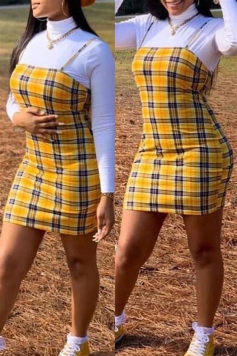 Lovely Casual Turtleneck Plaid Yellow Two Piece Skirt Settwo Piece