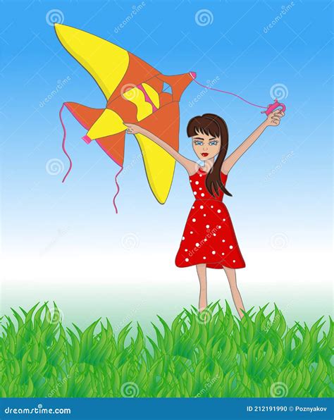 Kid With Flying Kite In Field With Blue Sky Outside Stock Vector