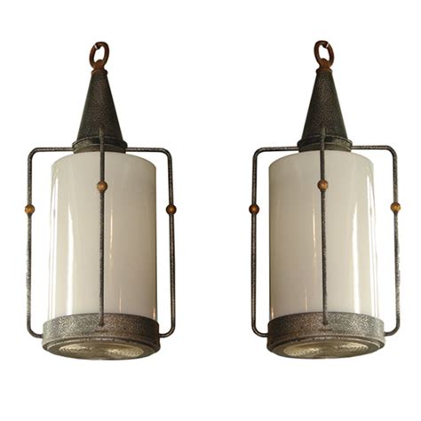 Pair Of Large Hammered Metal And Glass Pendant Lights At 1stdibs