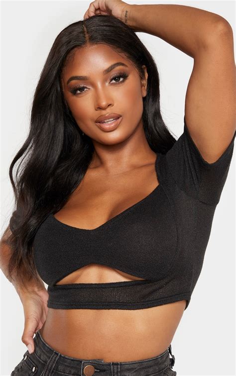 shape black knitted cut out crop top denim prettylittlething usa