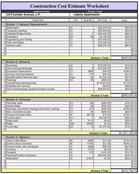 Example Of Estimating Spreadsheets Free Building Construction With