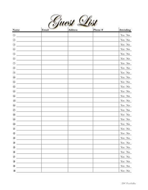 Event Guest List - Printable | Wedding guest list template, Guest list printable, Wedding guest list
