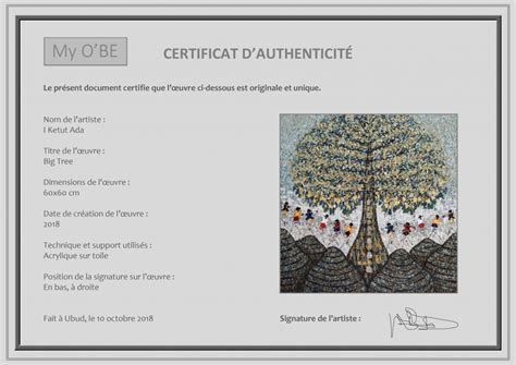 Le certificat de cession concerne tous les véhicules immatriculés. Certificat d'authenticité My O'BE siganture œuvres d'art ...