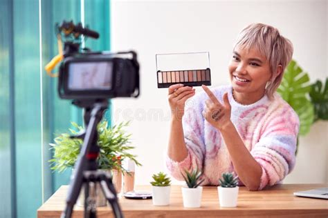 Female Vlogger Recording Beauty And Make Up Video At Home With Camera Stock Image Image Of