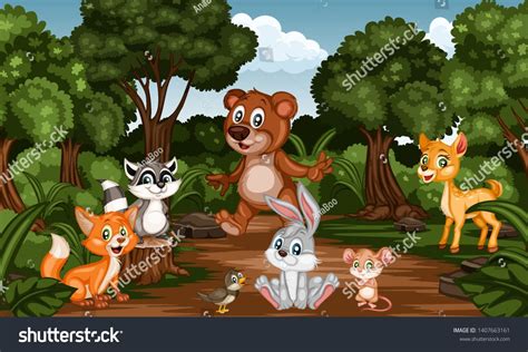 Group Of Cartoon Cheerful Animals In Forest Cute Cartoon Forest Animal