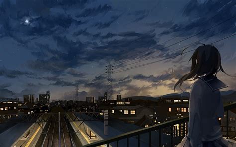 3840x2400 Resolution Anime Girl In School Uniform Watching City Sky Uhd
