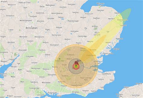 The orange circle (which flows off the map) represents how far away from the blast the thermal radiation will be felt with third. Incredible map shows what would happen if a nuclear bomb ...