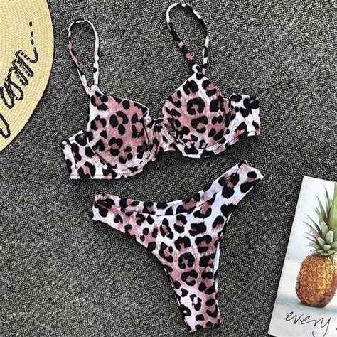 Sexy Underwire Bikini 2019 Two Pieces Swimsuit Women V Bottom Swimwear Leopard Bikini Set Push