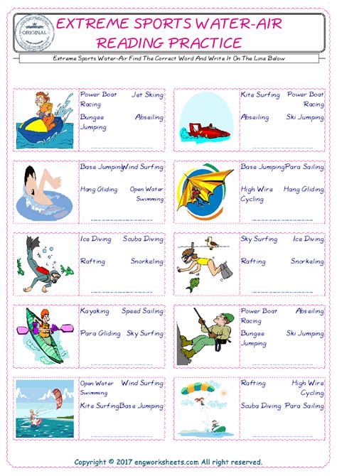 Extreme Sports Water Air Esl Printable English Vocabulary Worksheets