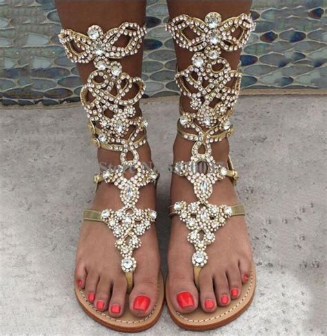 Summer Fashion Ladies Bling Bling Rhinestone Flat Gladiator Sandals Click Toe Crystal Beach