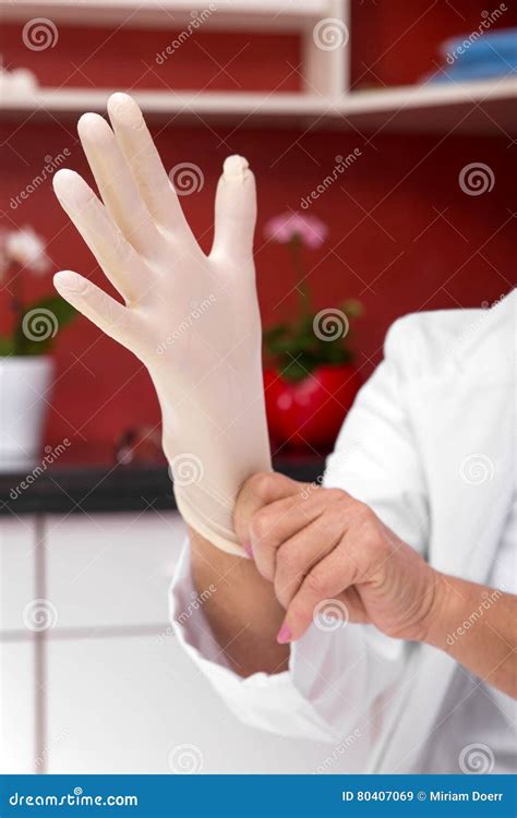Doctor Putting A Latex Glove On Stock Image Image Of Background Exam