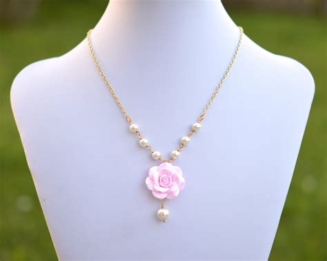 Light Pink Rose Necklace Pink Flower Necklace Pink Etsy