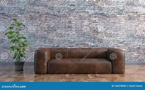 Minimal Living Room With A Leather Sofa And Old Brick Wall And A Plant