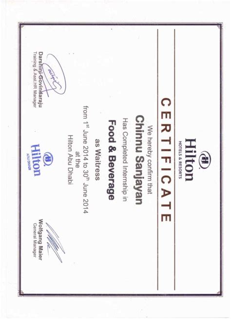 Hilton Certificate