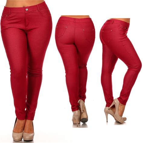 Women S Plus Size Cotton Jeans Look Skinny Jeggings Stretch Burgundy Pants 2xl