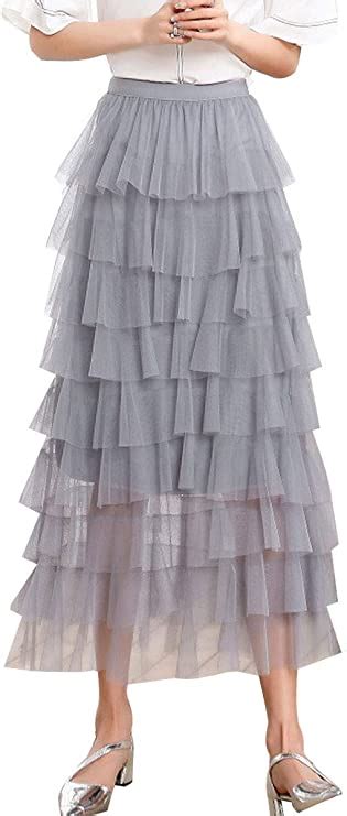 Womens Autumn Sweet Elastic Waist Tulle Layered Ruffles Mesh Long Tiered Skirt Solid Color