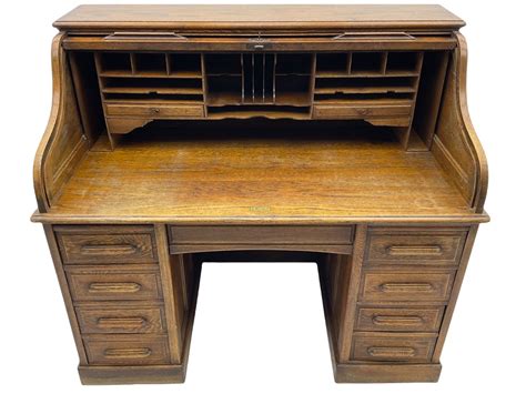 Early 20th Century Oak Roll Top Desk The Tambour Roll Enclosing Fitted