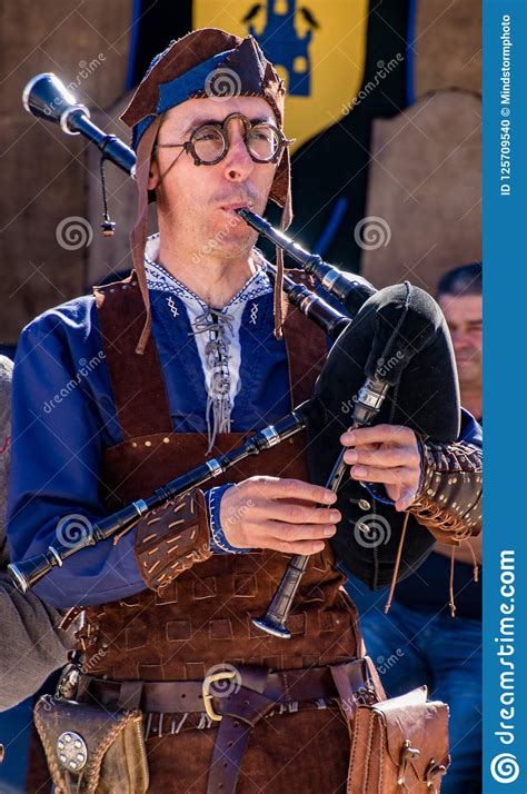 Penedono Portugal July 1 2017 Man Plays Traditional Bagpipe In