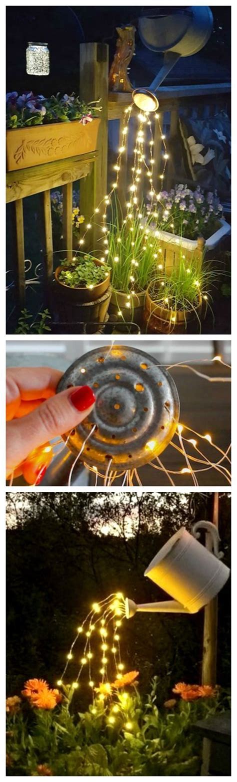 Mason jars or any glass jars with lids, tea lights, fairy templates, glue and glitter. Watering Can with Lights | Fairy lights, Outdoor diy ...