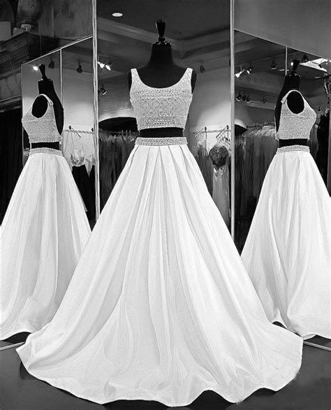 Ball Gown Scoop Neck Two Piece White Satin Beaded Prom Dress