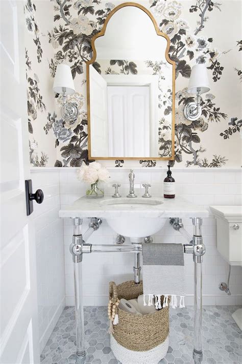 A Pristine Powder Room Floral Wallpaper Decorative Mirror Unique