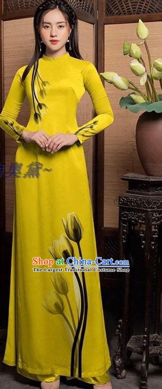 Yellow Cheongsam Vietnam Traditional Costume Asian Vietnamese Women Ao