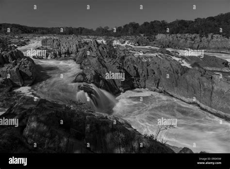 Black And White Long Exposure Image Of The Cascades At Great Falls