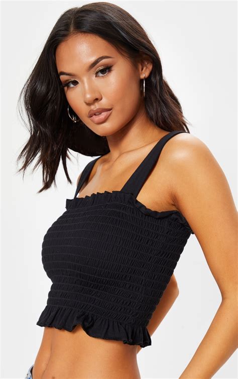 black jersey strappy shirred crop top tops prettylittlething ca