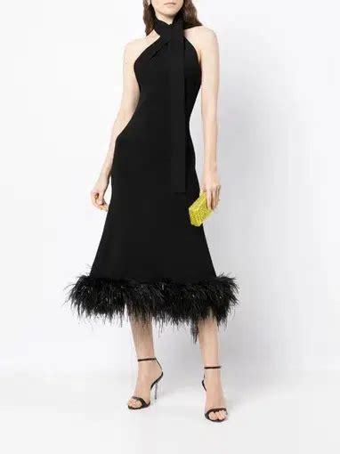 Rachel Gilbert Rita Feather Trim Halter Neck Dress Black Size Xs Au