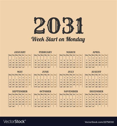 2031 Year Vintage Calendar Weeks Start On Monday Vector Image