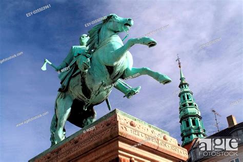 View On Equestrian Statue Of Bishop Absalon And The Tower Of St Stock