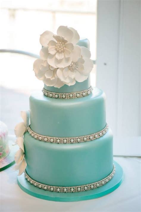 Turquoise Wedding Cake With Pearls And White Flowers Tiffany Blue