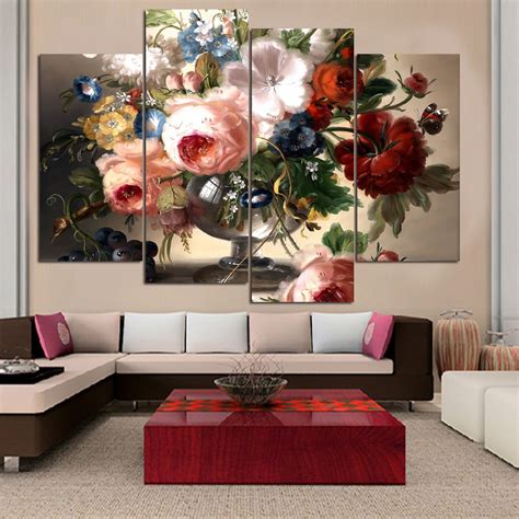 No Frame 4 Panel Flower Canvas Painting Hd Oil Modular Pictures Poster