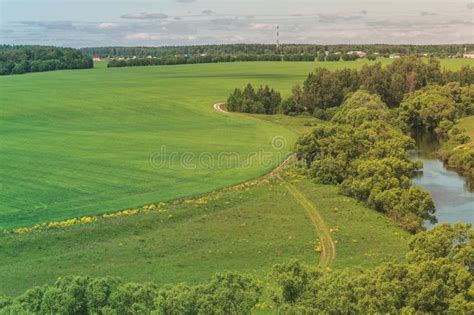 Colorful Bright Sunny Green Field Country Road River Summer Landscape