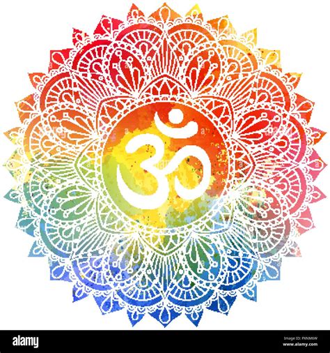 Mandala Ornament With Om Symbol Over Colorful Watercolor Background