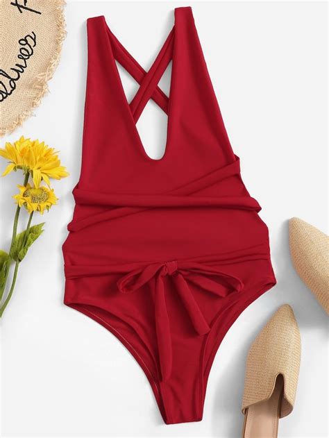 V Plunge Criss Cross Backless Tie Front One Piece Swimwear One Piece