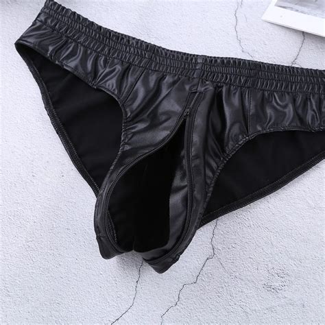 New Man Sexy Zipper Penis Pouch Underwear Mens Low Waist Briefs Male Soft Leather Underpants For