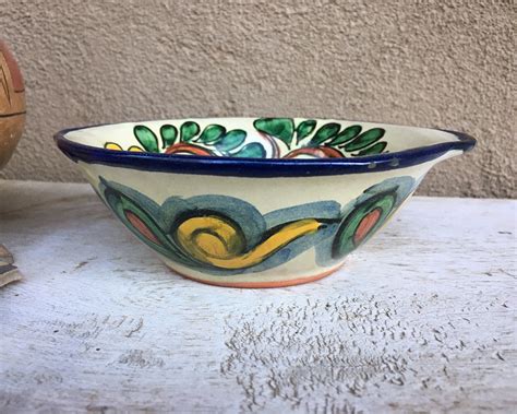 Vintage Mexican Talavera Pottery Bowl Trinket Dish 6 Blue And Yellow