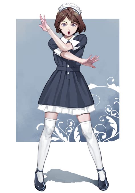 Inamitsu Shinji Original Highres 1girl Black Footwear Blue Dress Brown Hair Buttons
